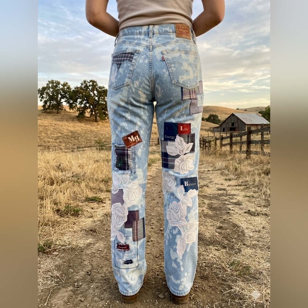 Levi 501 Button Fly Upcycled Patchwork Denim Jean… - image 2